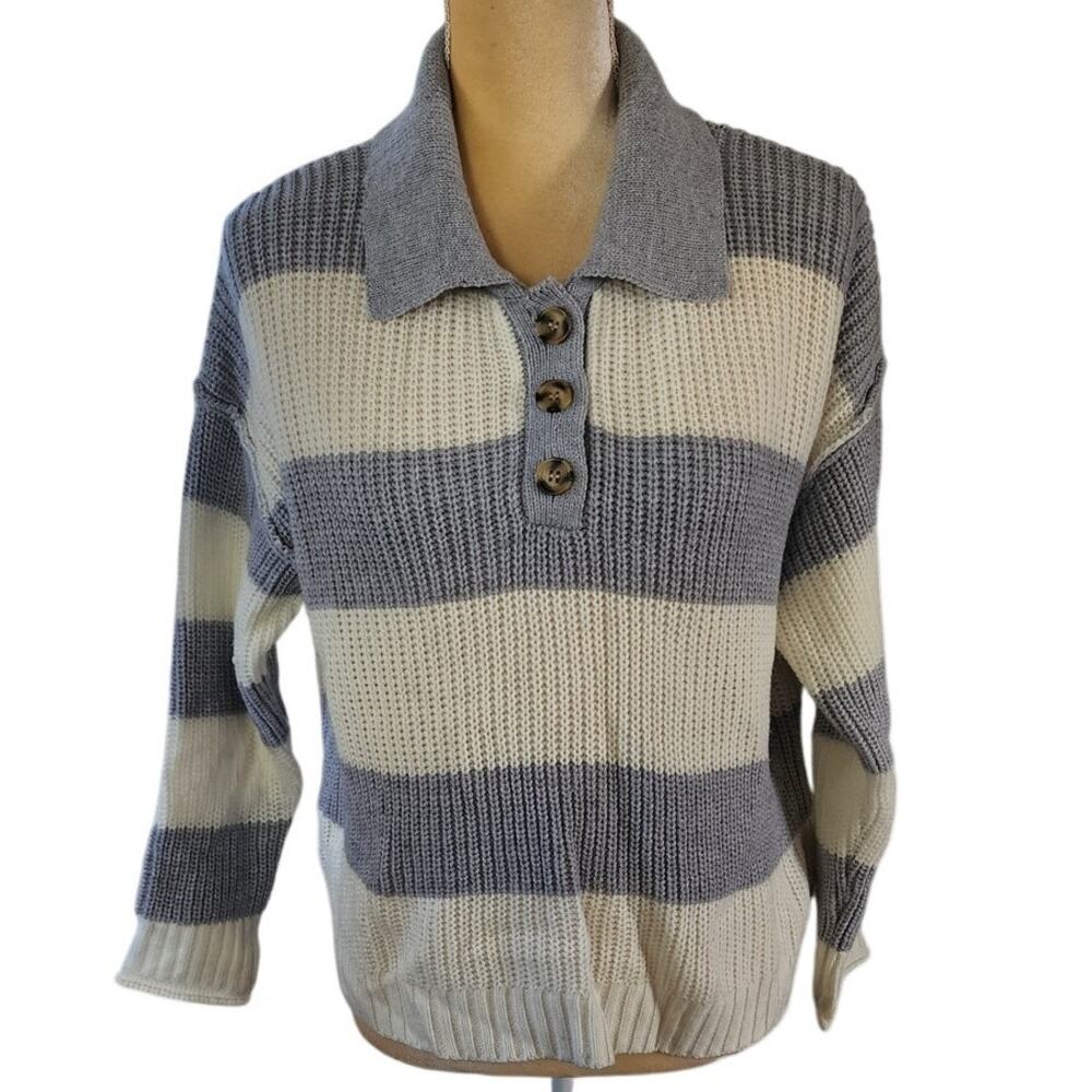 So Gray White Striped Buttons Pullover Knit Collared Sweater Large